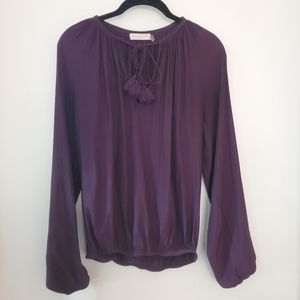 Ramy Brook purple silky blouse, XS, long fringe tassel neck tie, EUC!